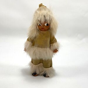 Vtg Small Inuit Plastic Doll Faux Leather White Fur Trim Clothing Standing 6.5"